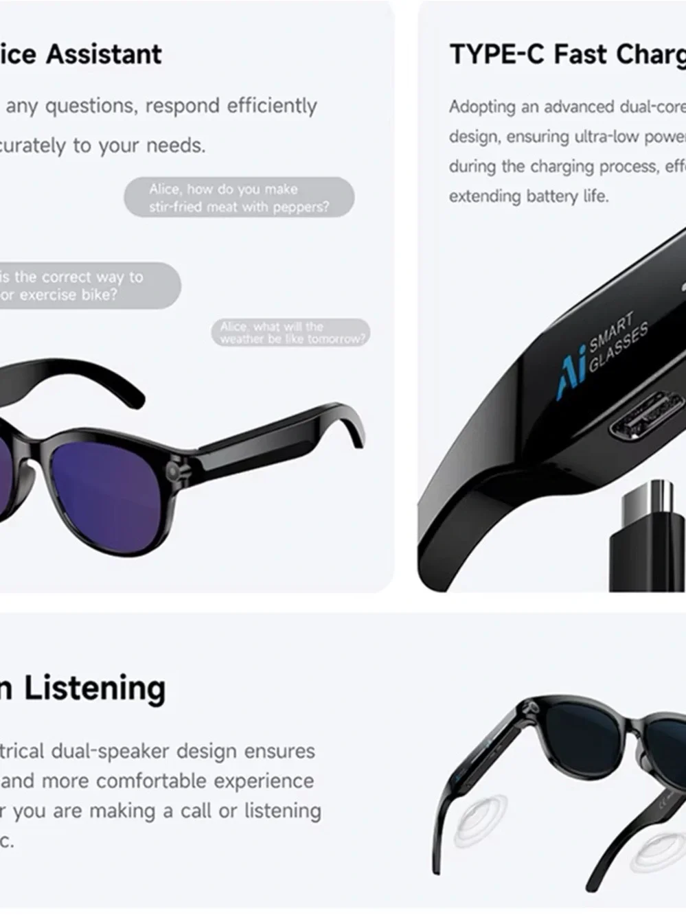 Black Smart Glasses with Interchangeable Lenses
